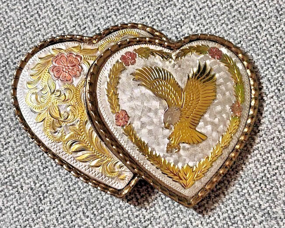 Vintage W USA Double Heart Eagle Belt Buckle Tri-Color Gold Silver Pink Western